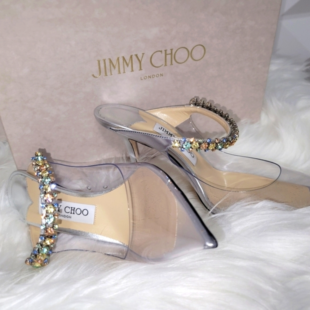 Jimmy choo Clear Mexi Mules with multiple colored crystal strap 37.5